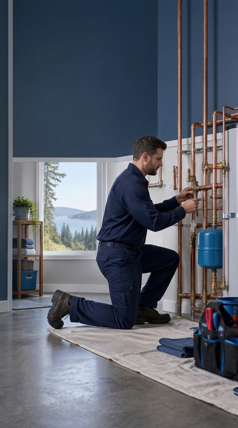 Plumber inspecting copper piping in a Kitsap home